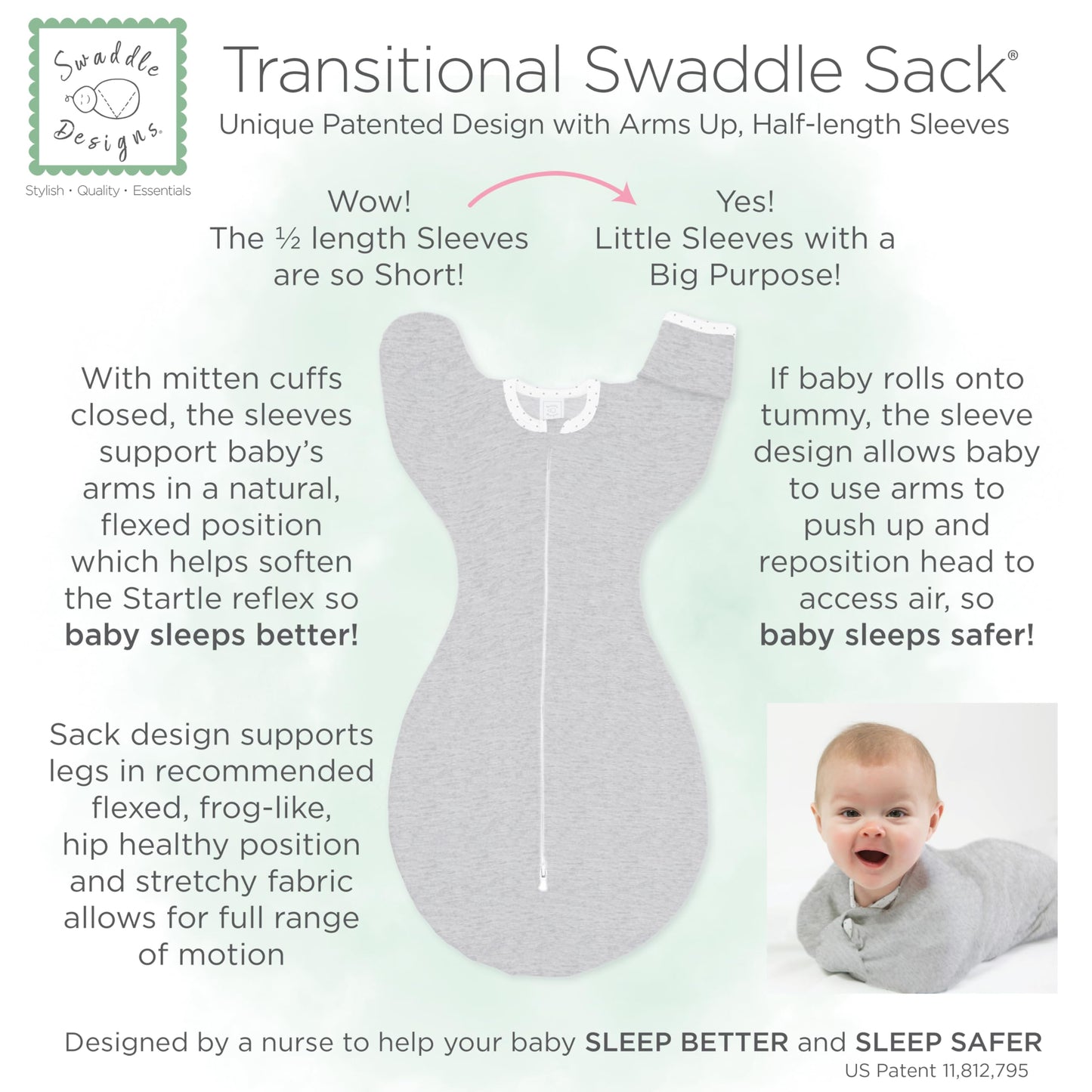 SwaddleDesigns Transitional Swaddle Sack, Arms Up Half-Length Sleeves & Mitten Cuffs, Swaddle for Newborn Transition to Baby Sleep Sack Wearable Blanket, Medium, 3-6 month, 14-21 lb, Tiny Hedgehogs