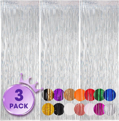 Voircoloria Laser Silver Foil Fringe Backdrop Curtains - 3 Pack 3.3x8.2 Feet for Parties & Events