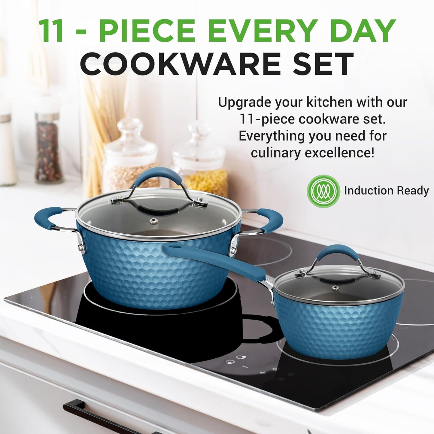 NutriChef 11-Piece Non-Stick Cookware Set - Ceramic Coating, Ergonomic Handles, Induction Ready | Royal Blue