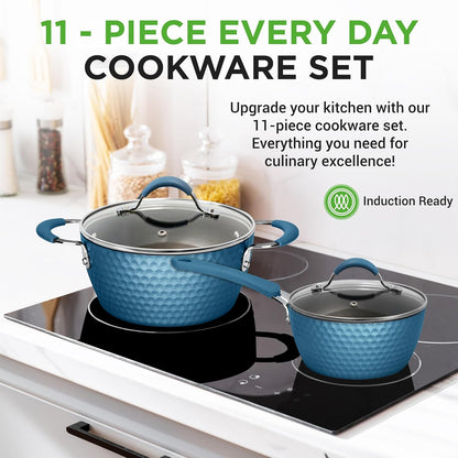 NutriChef 11-Piece Non-Stick Cookware Set - Ceramic Coating, Ergonomic Handles, Induction Ready | Royal Blue