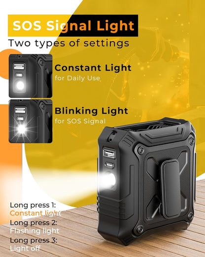 TUNISE Portable Fan - 5-Speed Dual-Sided Clip-On Wearable Waist Fan | 8000mAh Power Bank & Flashlight