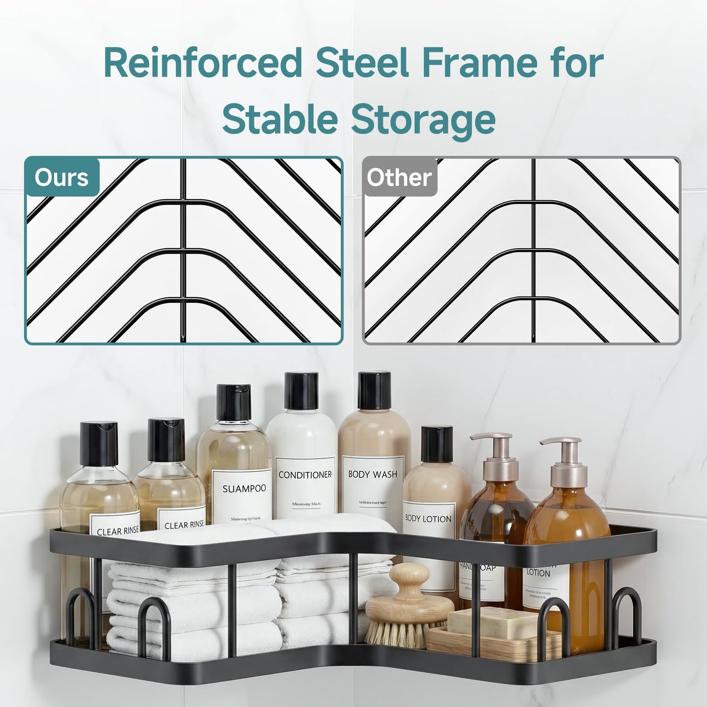 Veken Corner Adhesive Shower Caddy 4-Pack with Soap Holder&Hooks,No Drilling Shower Shelves,Rustproof & Waterproof Bathroom Organizers and Storage,Rack for Small Spaces, Kitchen&Rental-Friendly,Black