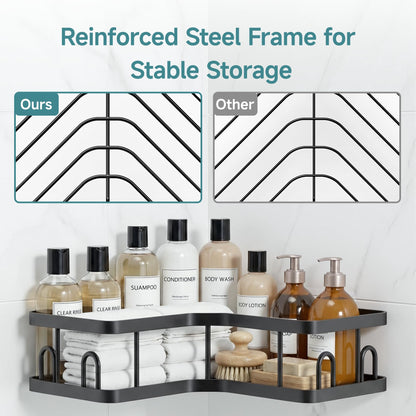 Veken Corner Adhesive Shower Caddy 4-Pack with Soap Holder&Hooks,No Drilling Shower Shelves,Rustproof & Waterproof Bathroom Organizers and Storage,Rack for Small Spaces, Kitchen&Rental-Friendly,Black