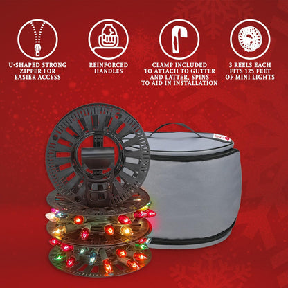 Premium Christmas Light Storage Bag - Heavy-Duty 600D Tear-Proof Material | Stores Up to 375 Ft of Mini Lights - Grey