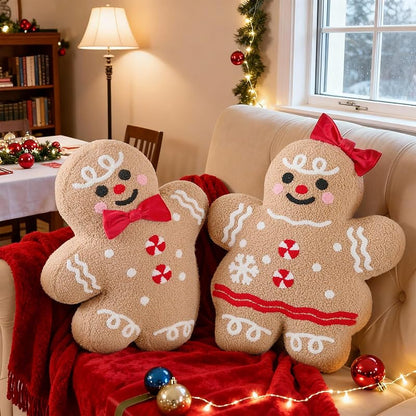 Lanpn 2-Pack Christmas Gingerbread Man Throw Pillows - Boy & Girl, 18.3'' x 15.2'' & 18.5'' x 16.3'', Soft Fleece Sherpa Xmas Decor