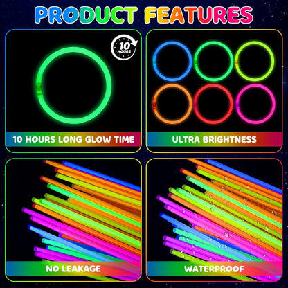 Mega-L Glow Sticks - 200 Pcs Ultra Bright Glow Party Supplies | 8" Necklaces & Bracelets for Neon Celebrations