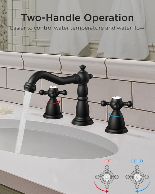 FORIOUS Matte Black Bathroom Faucet - Vintage 3 Hole Design with Cross Handles & Metal Drain | 8 Inch Widespread