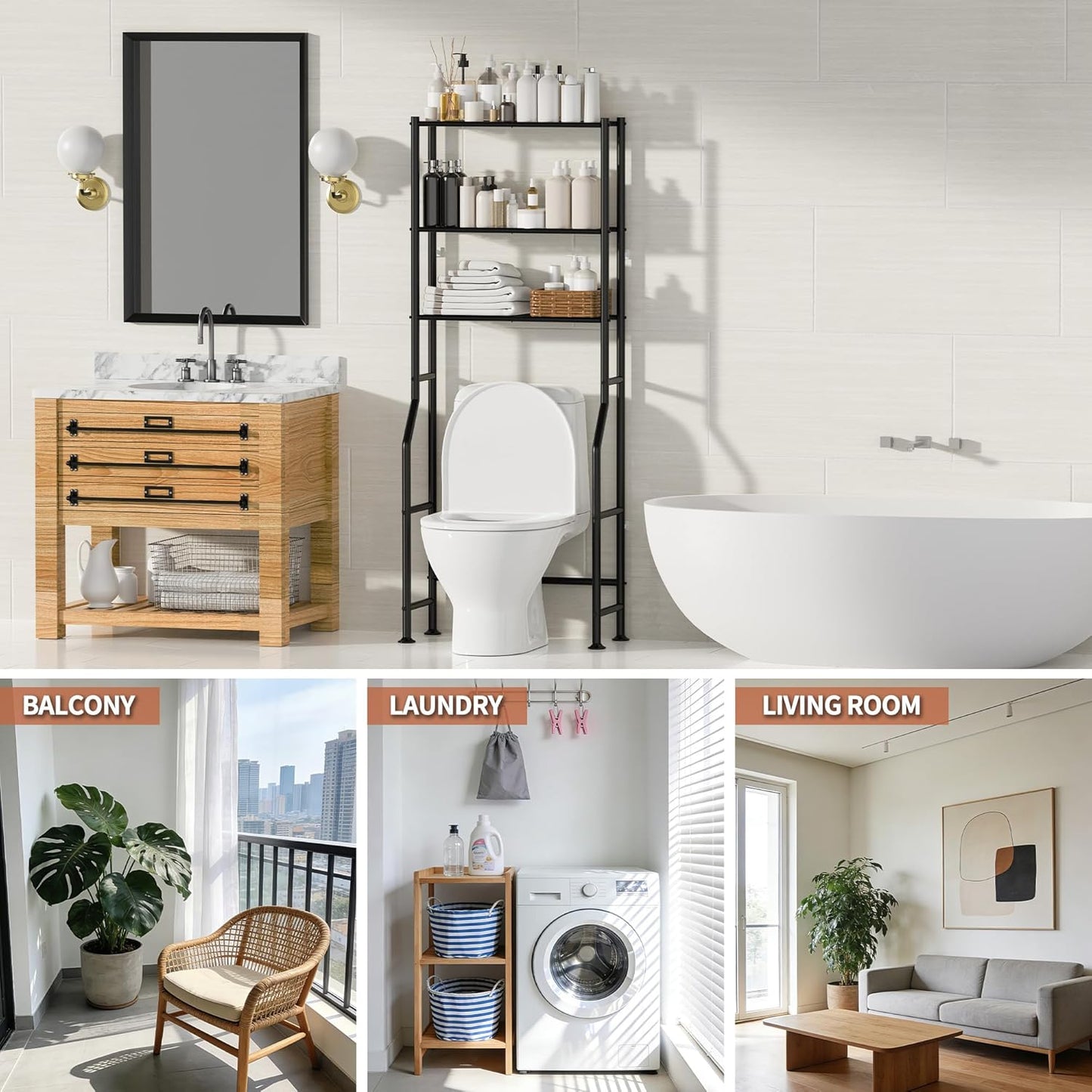 Skiennix 3-Tier Over The Toilet Storage - Freestanding Metal Bathroom Shelves | Space Saver in Black
