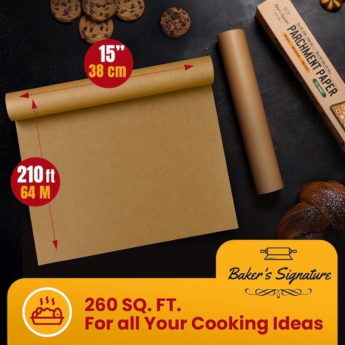 Baker’s Signature Unbleached Parchment Paper Roll - Heavy Duty Non-Stick 15in x 210ft for Baking & Cooking