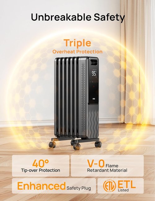 DREO Electric Radiant Heater - 1500W Oil Filled Radiator with Remote Control & Child Lock | Quiet, 4 Modes, 24h Timer