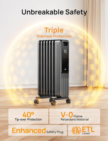 DREO Electric Radiant Heater - 1500W Oil Filled Radiator with Remote Control & Child Lock | Quiet, 4 Modes, 24h Timer