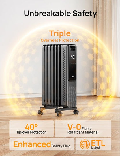 DREO Oil Filled Radiator, Electric Radiant Heaters for indoor use Large Room with Remote Control, Child Lock, 4 Modes, Overheat & Tip-Over Protection, 24h Timer, Digital Thermostat, Quiet, 1500W