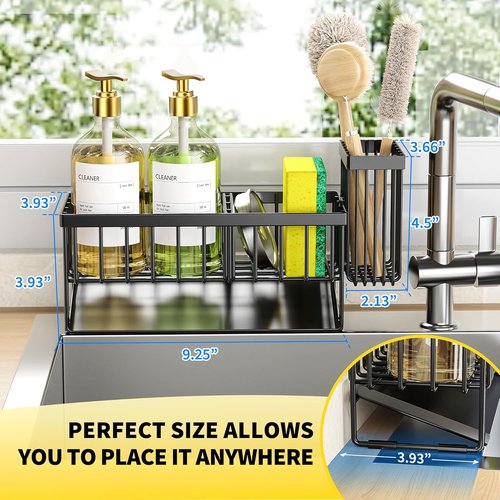 Cisily Kitchen Sink Caddy - Rustproof Sponge Holder with Brush Storage & Self-Draining Tray
