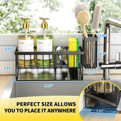 Cisily Kitchen Sink Caddy - Rustproof Sponge Holder with Brush Storage & Self-Draining Tray