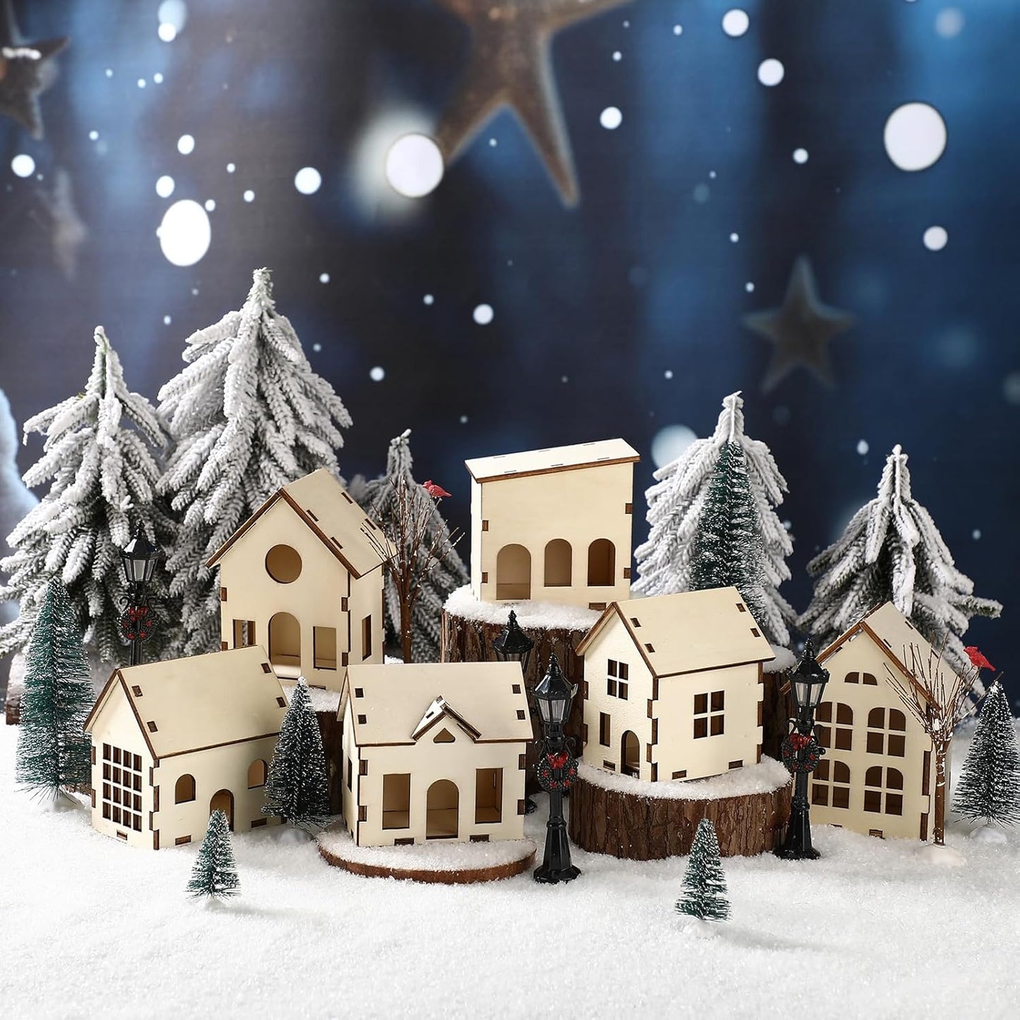 Pinkunn 19-Piece DIY Christmas Village Set - Mini Wooden Houses for Winter Decor | Perfect for Tabletop Display