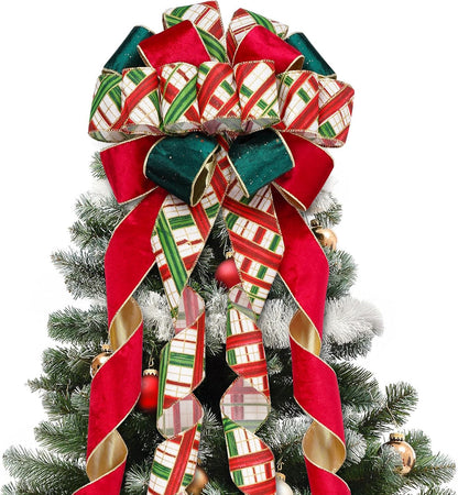 Skiennix Christmas Tree Topper Bow - 13" Large Velvet Red & Green Buffalo Plaid | Festive Holiday Decoration