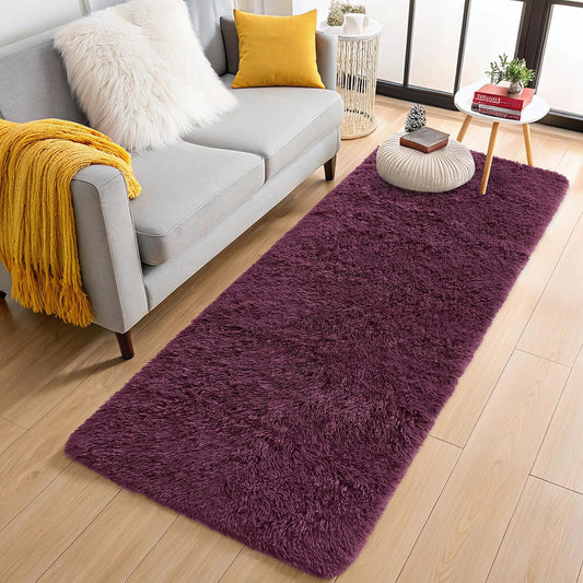OLANLY Runner Rugs - Soft, Machine Washable Shaggy Carpet for Hallway & Bedroom | Burgundy 2x8 ft