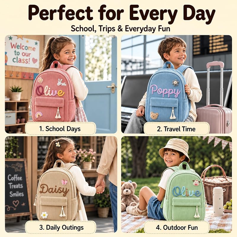 Personalized Kids Backpack with Name Embroidery, Corduroy School Bag for Girls & Boys