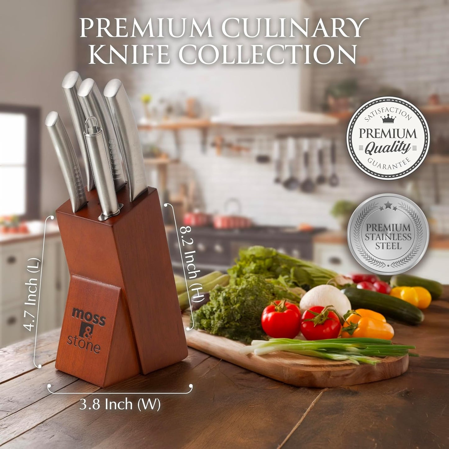 Moss & Stone Professional Kitchen Knife Set - 6-Piece Stainless Steel Chef Knives with Block | Scratch Resistant & Rust Proof