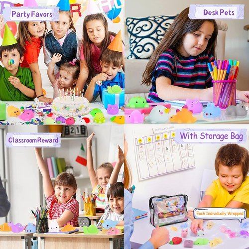 LEEHUR Kawaii Squishies - 100PCS Mini Mochi Stress Relief Toys for Kids Party Favors | Includes Storage Bag