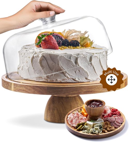 Acacia Wood Cake Stand with Lid - 12-Inch Round Dessert Display & Charcuterie Board Set