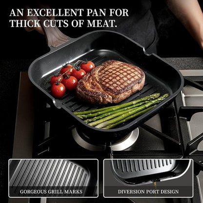Kikcoin Non-Stick Ceramic Pots and Pans Set - 16 Pieces Induction Cookware Set | Black, Stackable & Safe