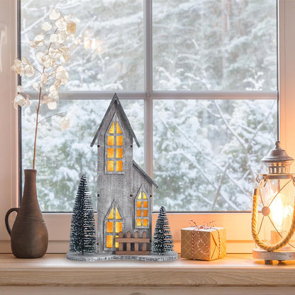 Skiennix Wooden Christmas Village House - LED Lighted Tabletop Decor with Tree | Winter Holiday Centerpiece (Style A)