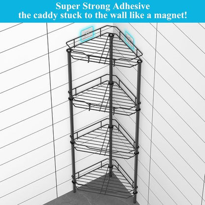 HuggieGems Corner Shower Caddy Organizer - 4 Tier Floor Standing Shelf with Hooks | Black Finish