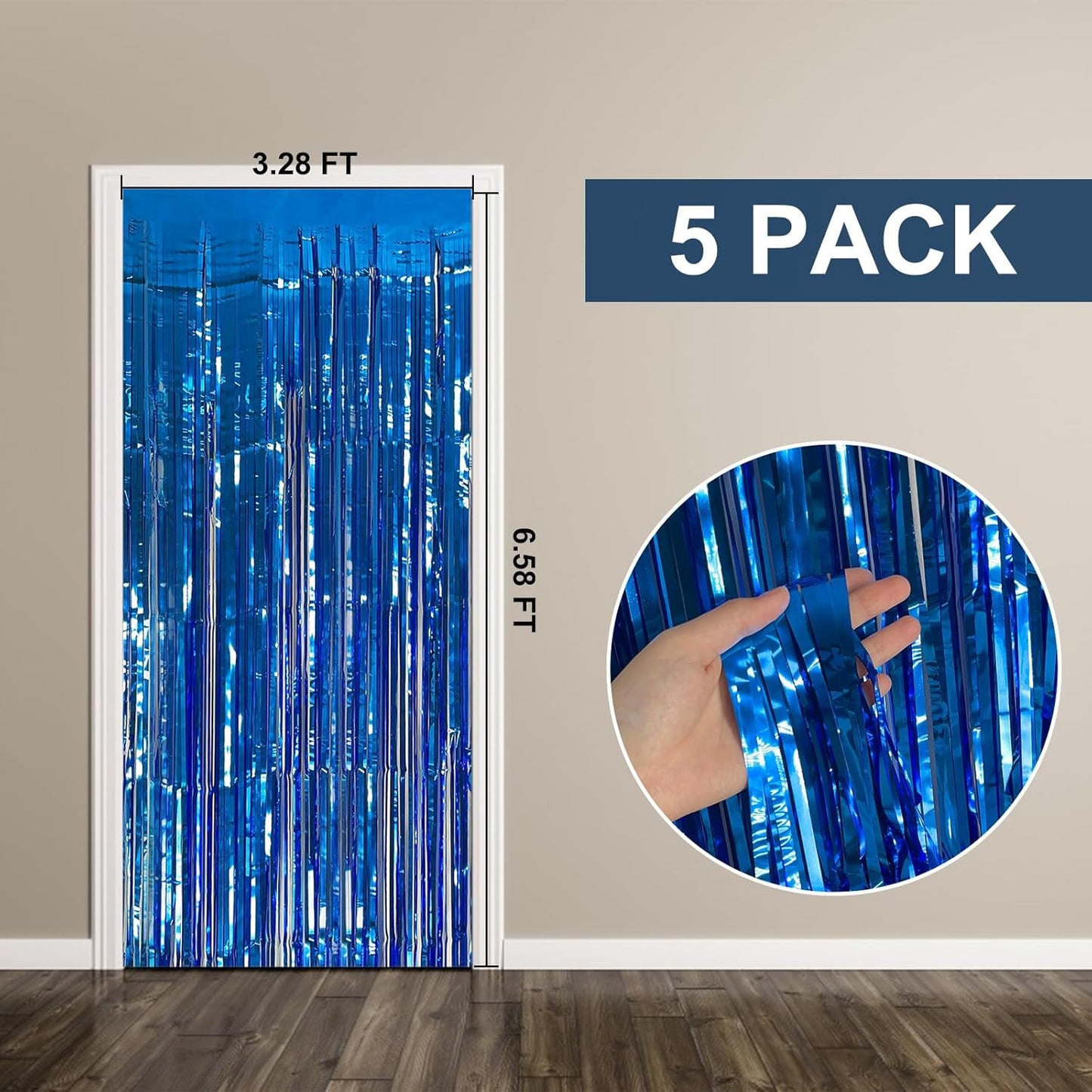 Skiennix Blue Metallic Tinsel Foil Fringe Curtains - 5 Pack Photo Booth Backdrop for Parties & Celebrations