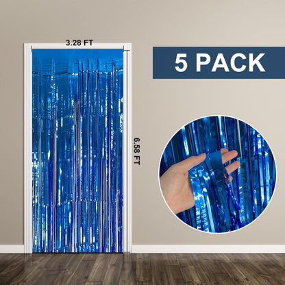Skiennix Blue Metallic Tinsel Foil Fringe Curtains - 5 Pack Photo Booth Backdrop for Parties & Celebrations