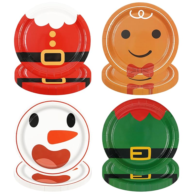 48-Pack 9inch Disposable Christmas Plates - Red & Green Santa Theme, 4 Styles