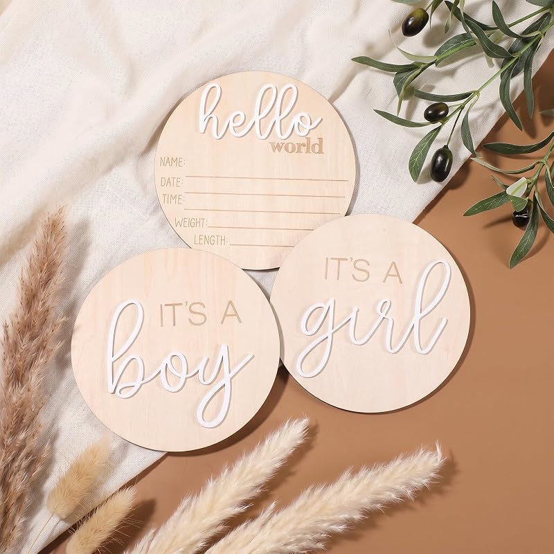 Wooden Baby Announcement Sign Set - 3pcs Hello World Its a Boy Its a Girl Basswood