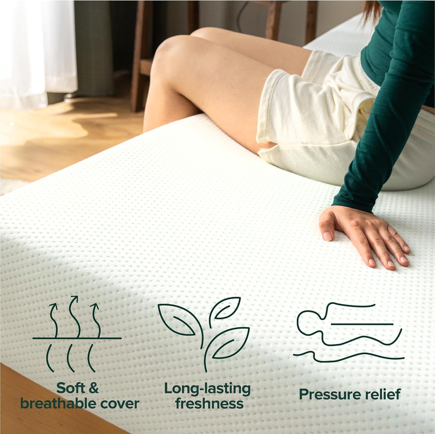 ZINUS 6-Inch Short Queen Green Tea Memory Foam Mattress - Medium Firm, Zoned Pressure Relief, Fiberglass Free