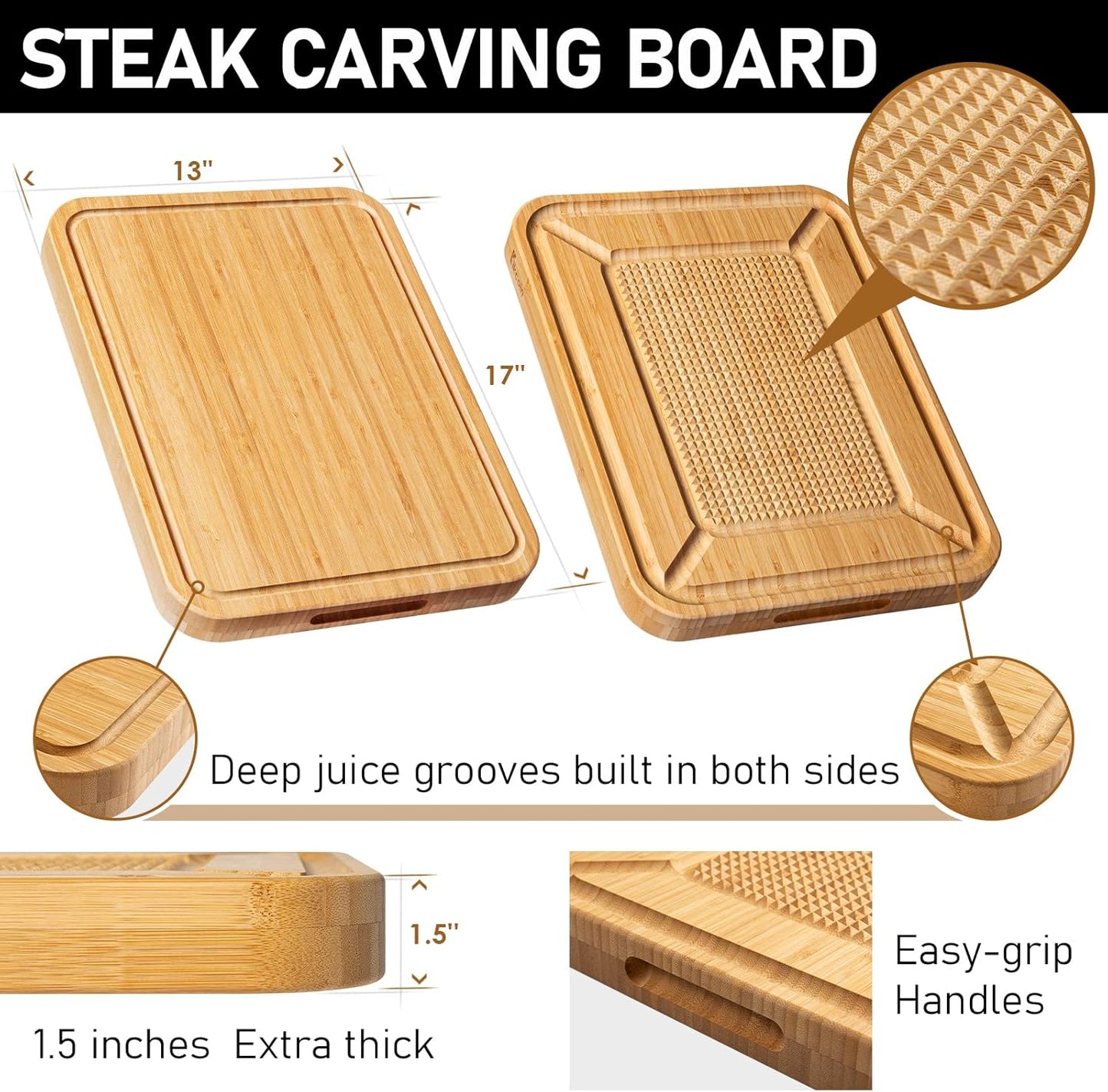 Turkey Carving Board - Heavy Duty Bamboo Wood Butcher Block with Juice Groove & Pyramid Spikes