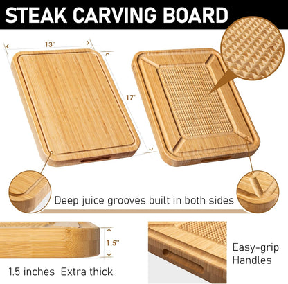 Turkey Carving Board - Heavy Duty Bamboo Wood Butcher Block with Juice Groove & Pyramid Spikes