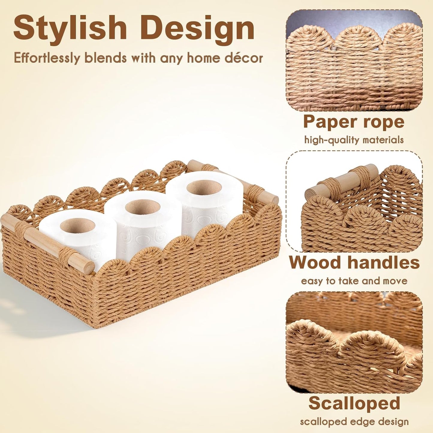 Regine Switzerland Set of 2 Paper Rope Baskets - Scalloped Edge Storage for Bathroom & Living Room | Neutral Color with Wooden Handles