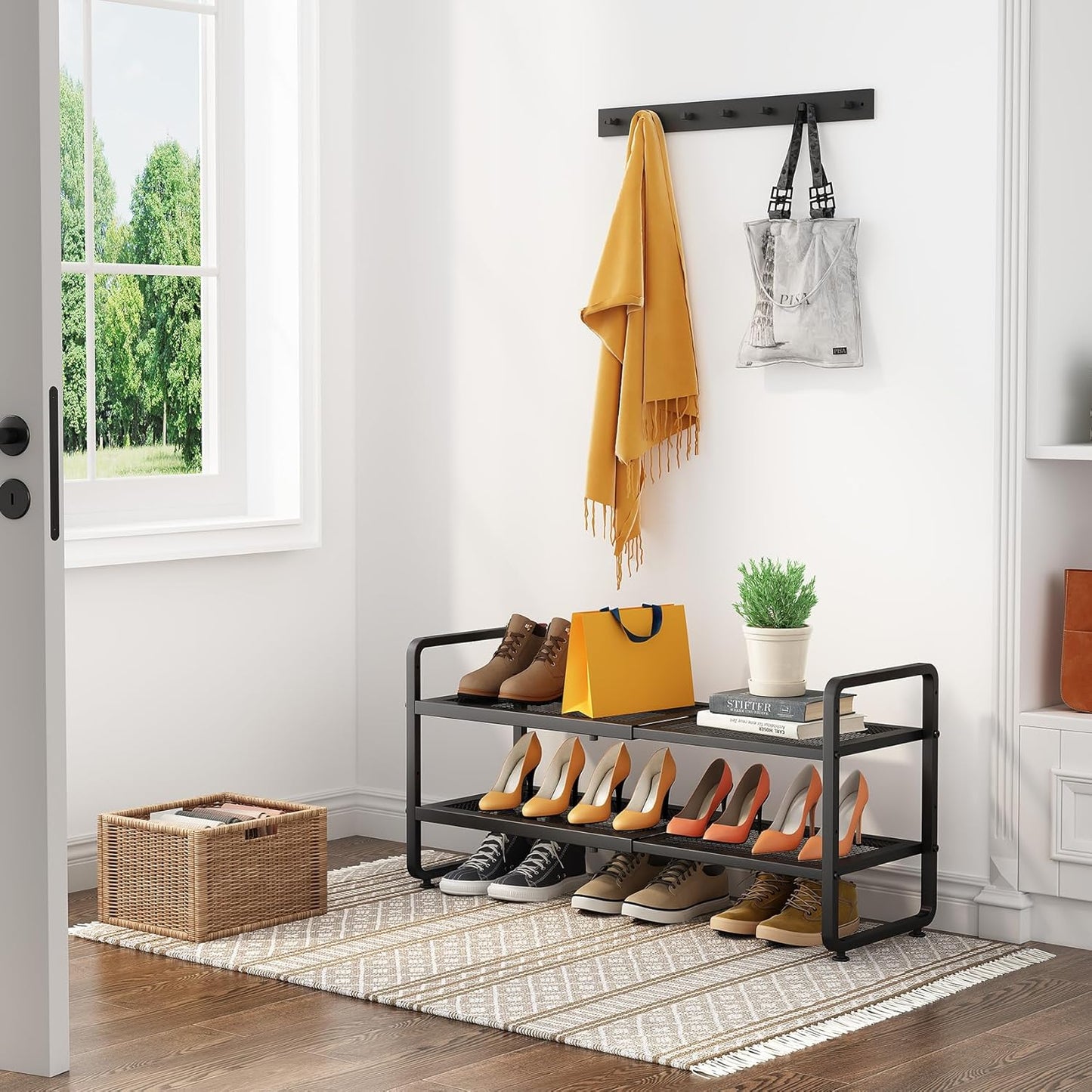 SNTD Shoe Rack - Expandable Adjustable Metal Shoe Organizer | Stackable 2-Tier Storage for Entryway & Garage (Black)