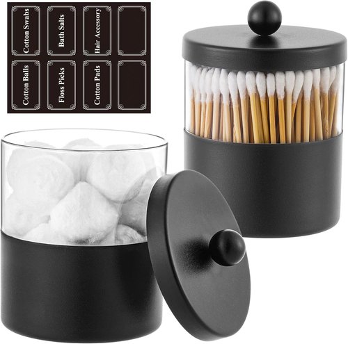 Gaussra Black Apothecary Jars - Stylish Stainless Steel Qtip Holder | 2-Pack Bathroom Decor