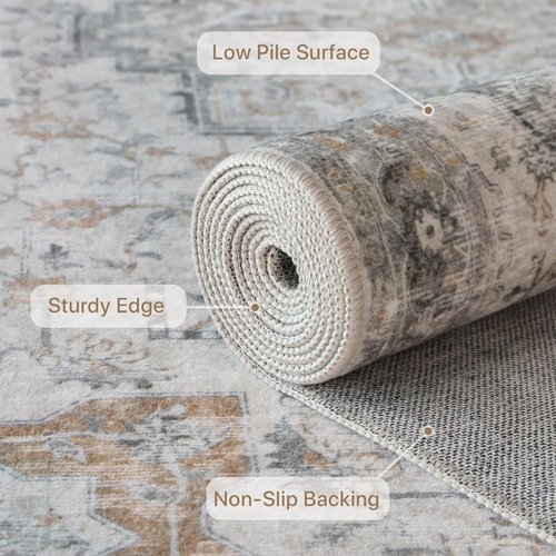 GENIMO 5X7 Area Rug - Machine Washable Non-Slip Vintage Chenille Print for Living Room & Bedroom - Light Taupe Brown