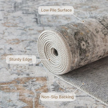 GENIMO 5X7 Area Rug - Machine Washable Non-Slip Vintage Chenille Print for Living Room & Bedroom - Light Taupe Brown