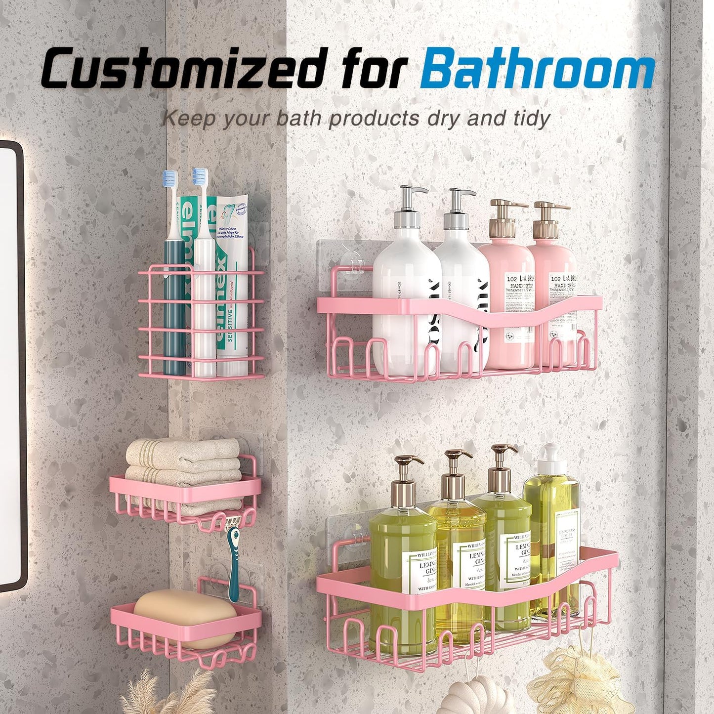 Youvip Adhesive Shower Caddy - No Drilling Bath Organizers | Rustproof 5-Pack with Soap & Toothbrush Holder - Pink