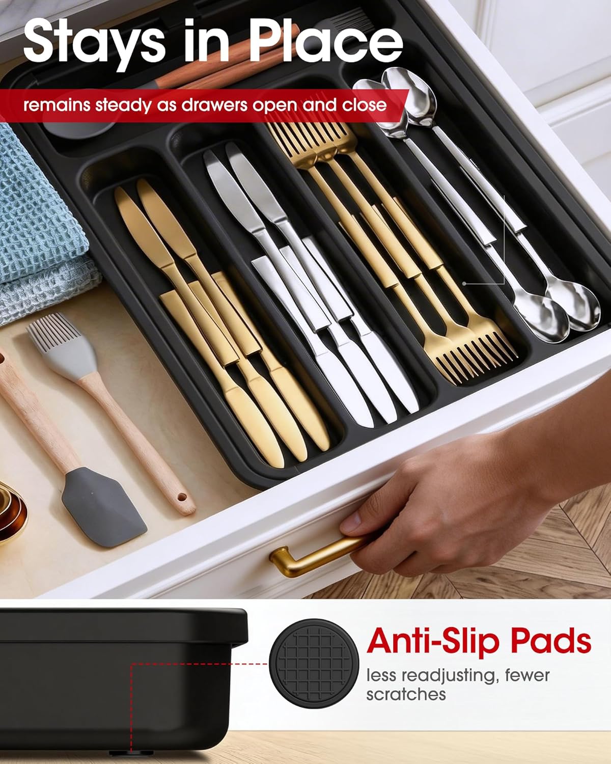 Aujen Silverware Organizer - Expandable Utensil Tray for Forks & Knives | Adjustable Kitchen Storage, Black, Medium