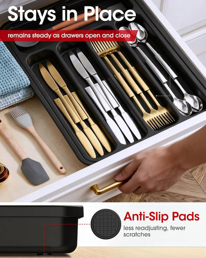 Aujen Silverware Organizer - Expandable Utensil Tray for Forks & Knives | Adjustable Kitchen Storage, Black, Medium