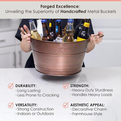 BREKX Copper Galvanized Old Tavern Copper-Finish Beverage Ice Bucket/Drink Tub for Parties, Wedding Gifts, 15 Quart Champagne Bucket - Farmhouse Decor Galvanized Bucket