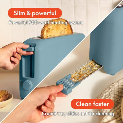 Bella 2 Slice Slim Toaster - 10” Long Slot with 6 Shade Settings, Reheat & Cancel Functions, Anti-Jam, Surf Color