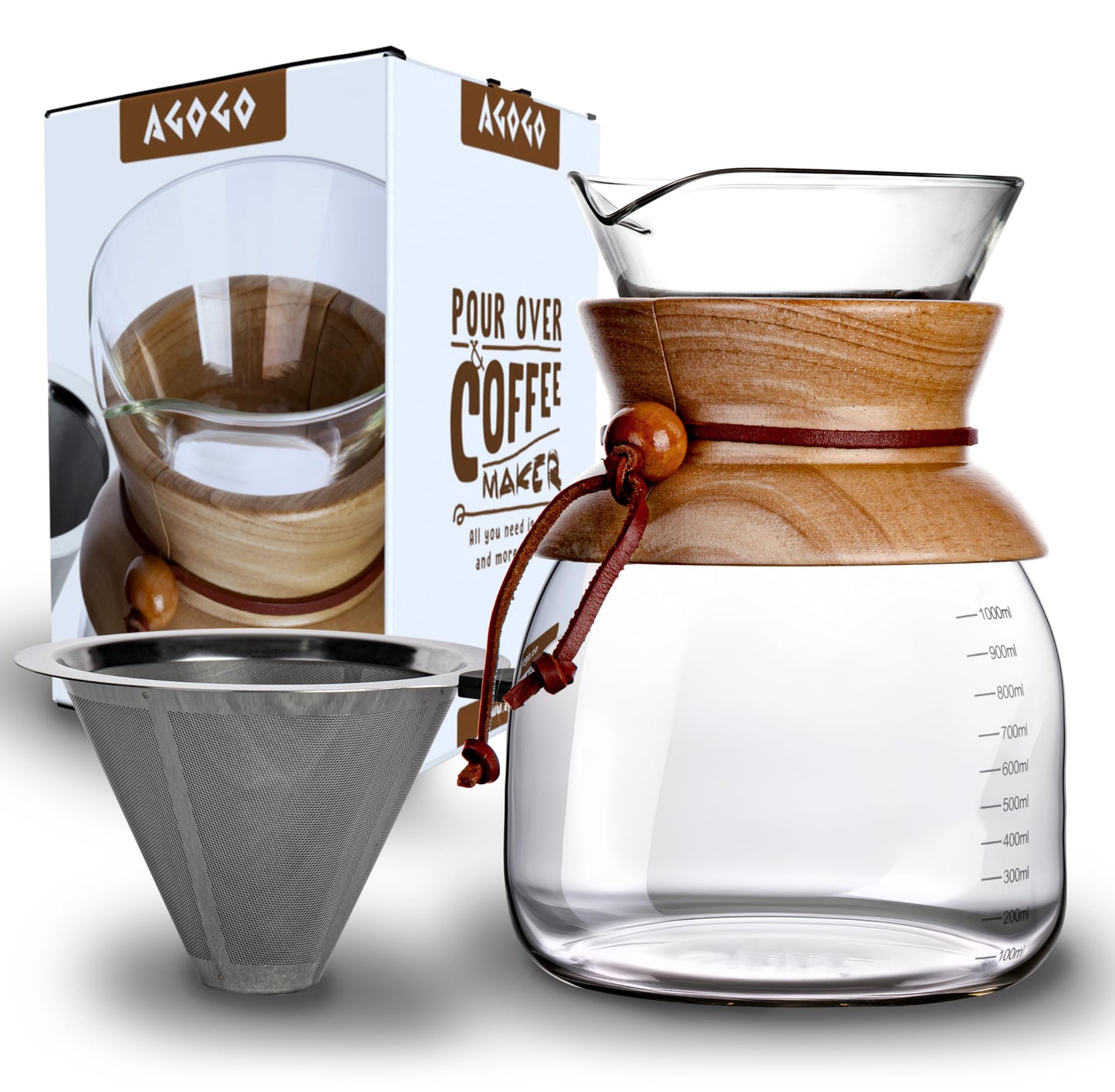 AGOGO Pour Over Coffeemaker Dripper with 304 Stainless Steel Filters Carafe High Capacity 10 Cup