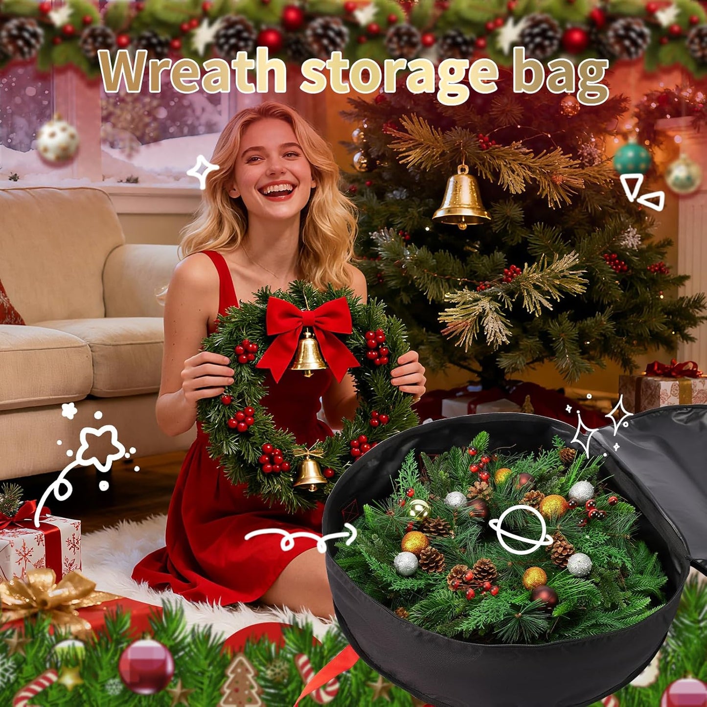 Skiennix Wreath Storage Bag - Heavy-Duty 24" Container for Christmas & Holiday Ornaments - Black