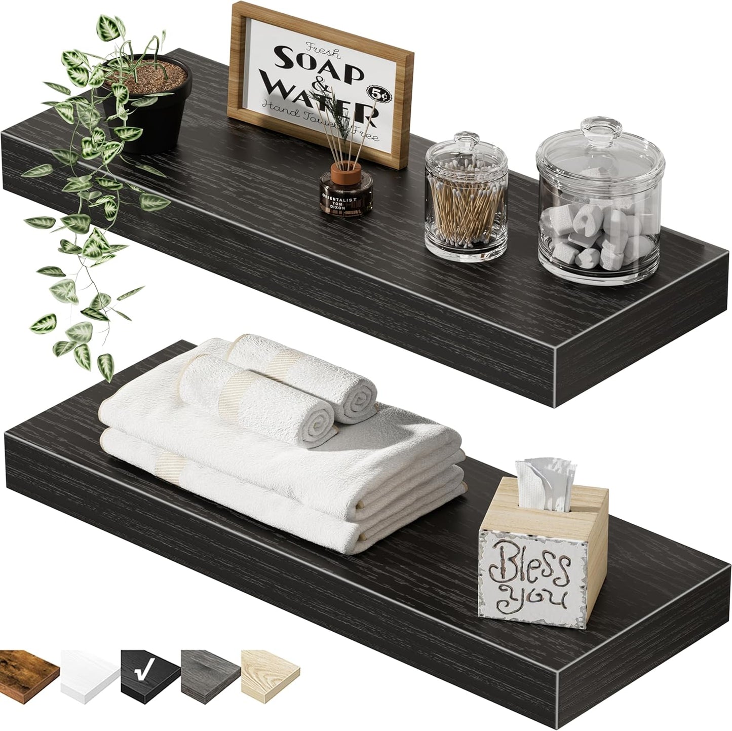 QEEIG Floating Bathroom Shelves - Stylish Wall-Mounted Storage | Set of 2, 15.7" x 6.7", Black
