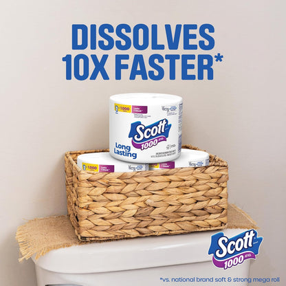Scott 1000 Toilet Paper - Septic-Safe 1-Ply Tissue, 8 Rolls for Ultimate Cleanliness