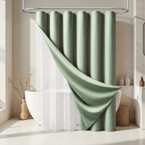 Dynamene Extra Long Shower Curtain and Liner Set - 96 inch Tall Waffle Fabric, Waterproof Clear Liner, Heavy Duty Weighted Hotel Luxury Shower Curtains for Bathroom with 12 Hooks, 72x96, Sage Green